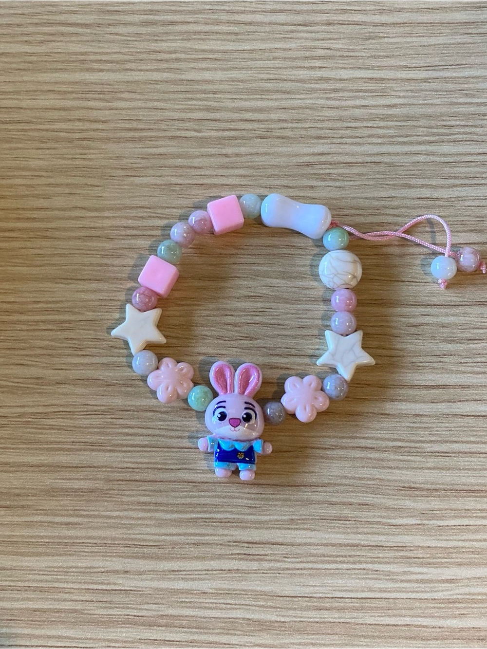Kids Pink Bunny Beaded Stretch Bracelet with Star & Flower Charms